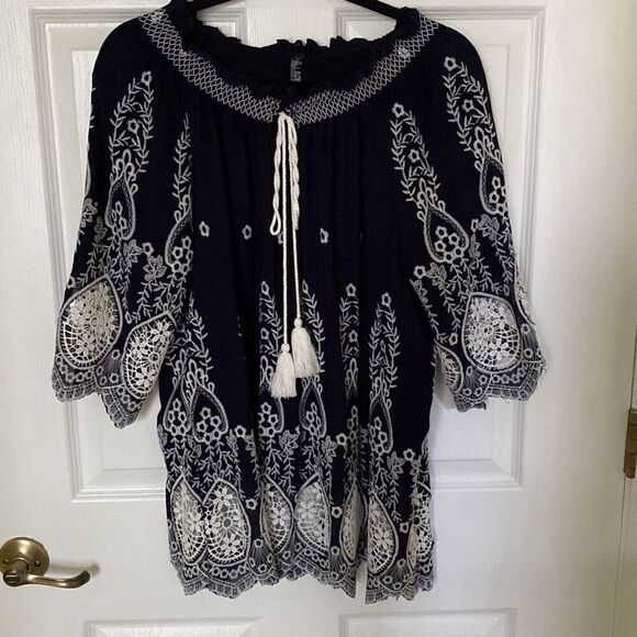 LAPIS Navy/White Boho Style Blouse, Size Small - Picture 1 of 9